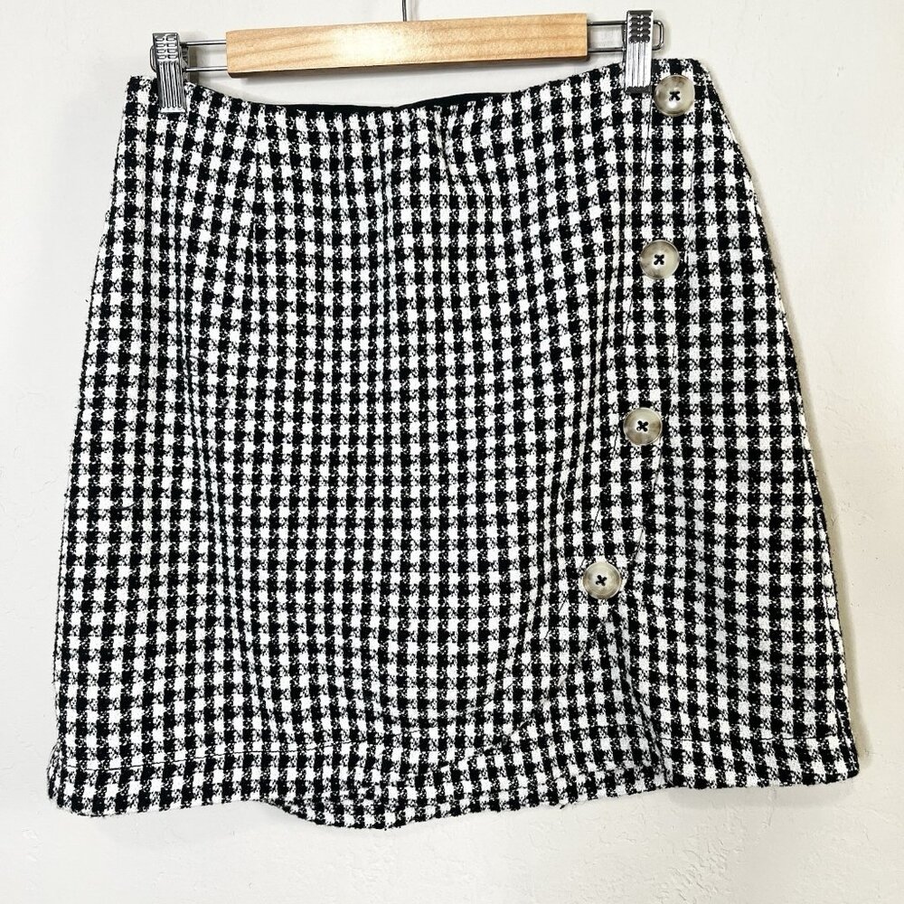 Anthropologie Maeve Tweed‎ Mini Skirt Houndstooth White Black Buttons US Size 6